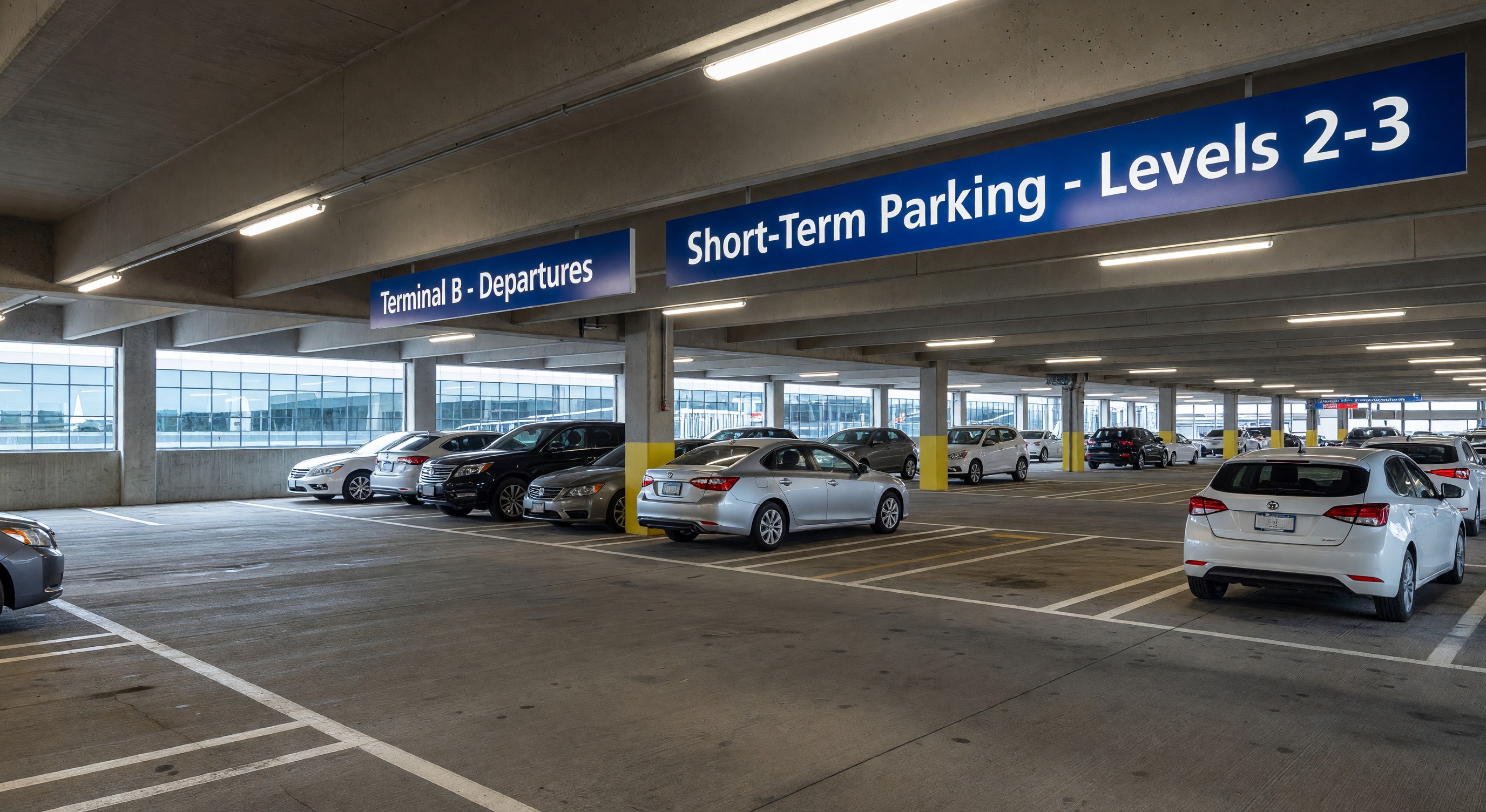 Airport parking garage with clear signage and vehicles in covered structure near terminal