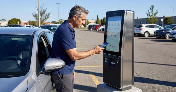Driver using smartphone to tap and pay at modern parking meter kiosk