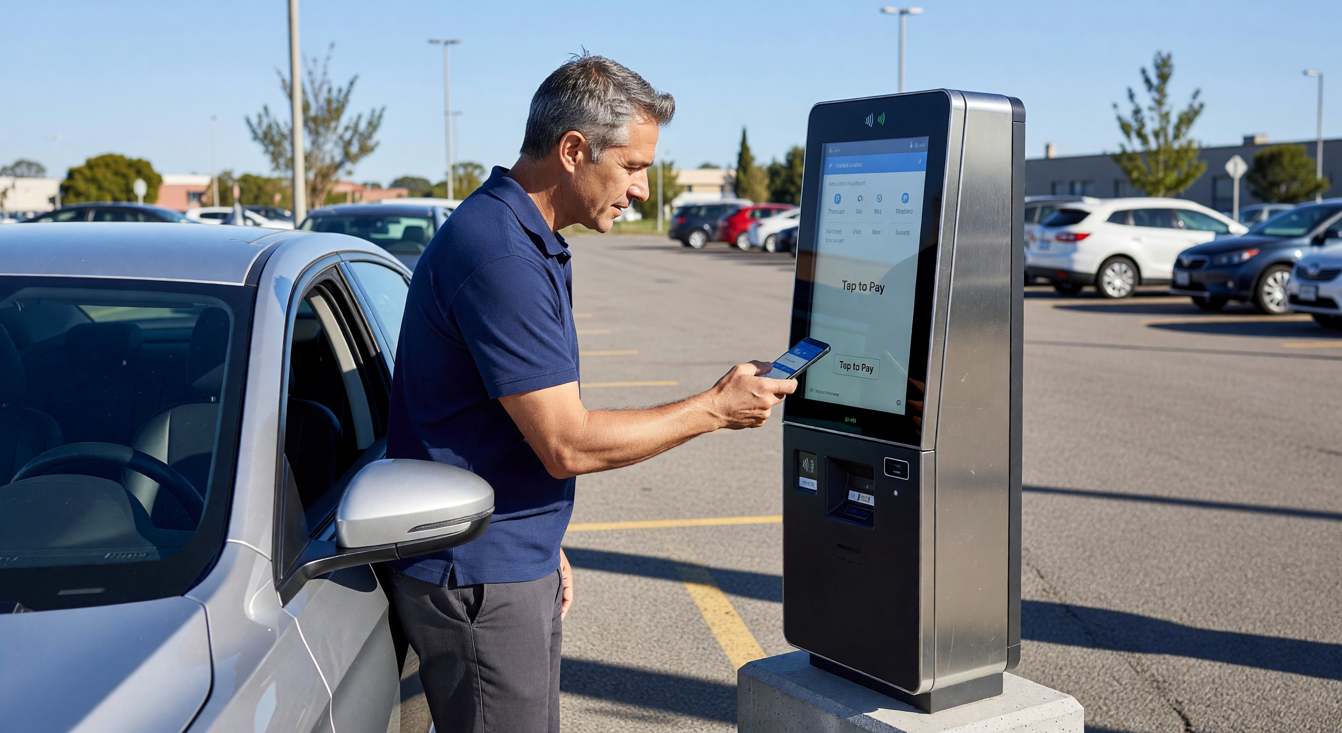 Driver using smartphone to tap and pay at modern parking meter kiosk