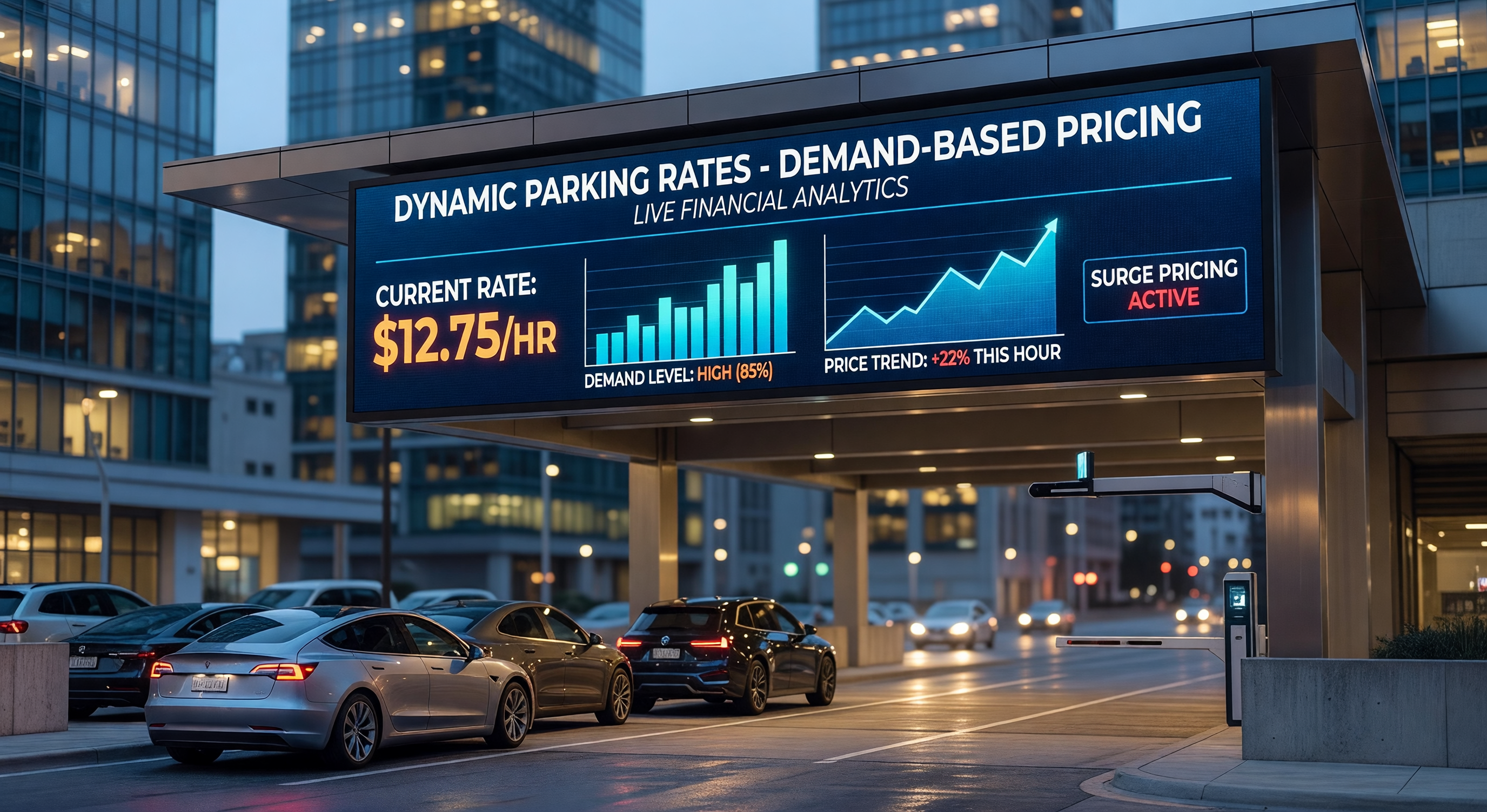 Digital signage showing dynamic parking pricing at garage entrance