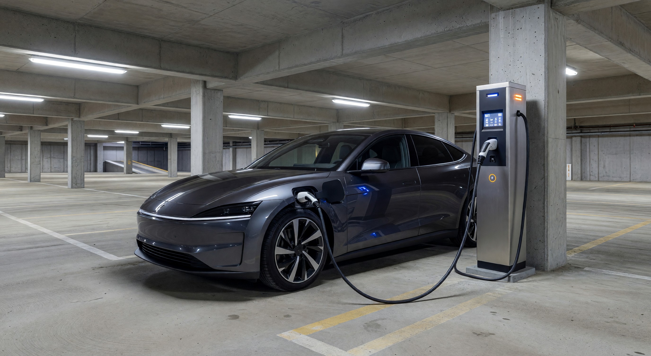 Electric vehicle plugged into charging station in covered parking garage
