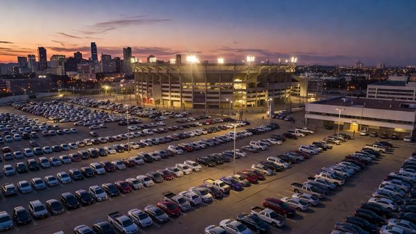 Aerial view of a large parking lot filling with vehicles before a major stadium event