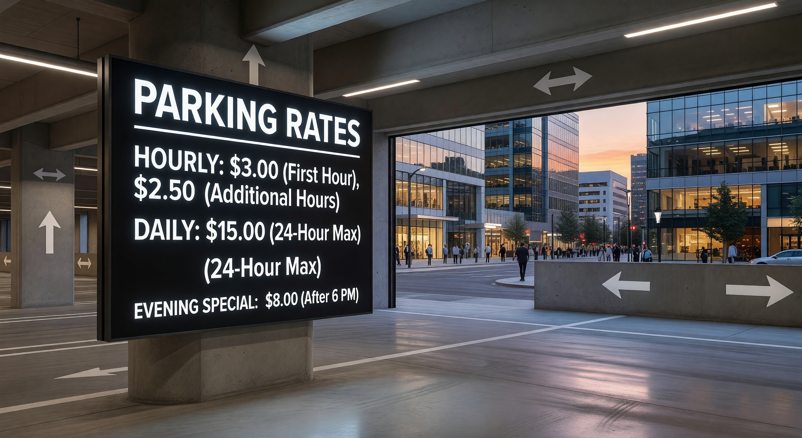 Parking rate board at well-lit multi-story parking structure