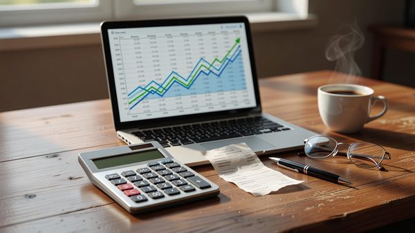 Desk with a calculator, a laptop showing revenue charts, and a parking ticket receipt
