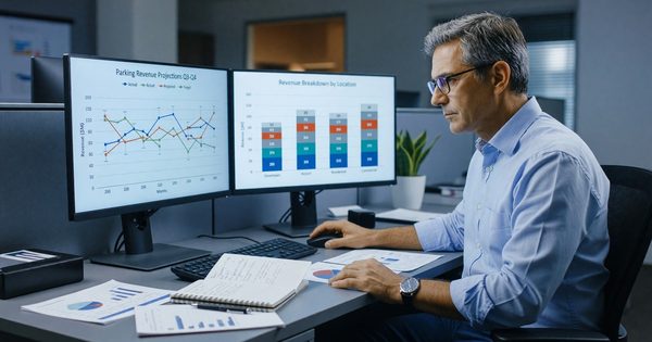 Financial analyst reviewing parking revenue projection charts on dual monitors
