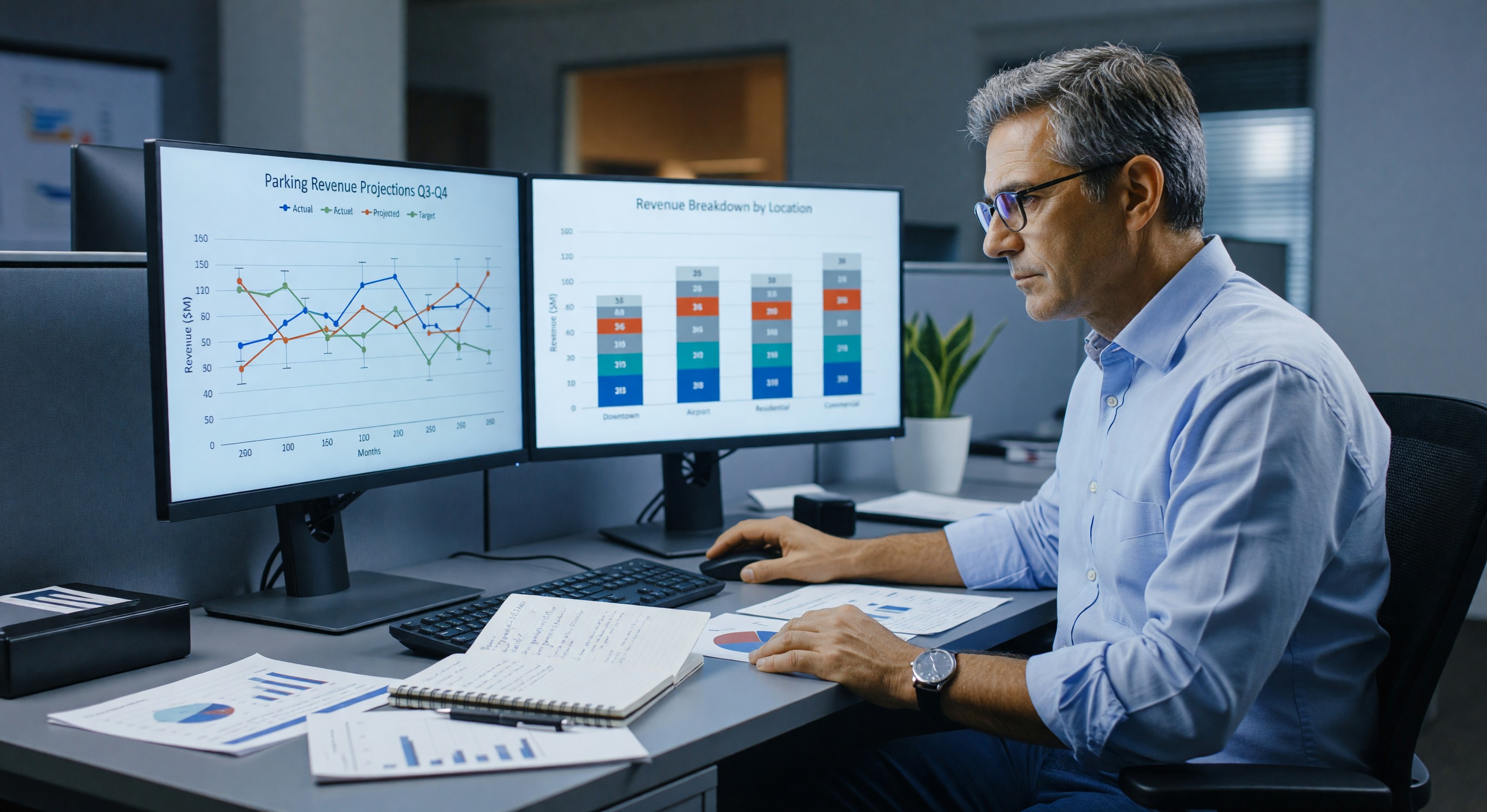 Financial analyst reviewing parking revenue projection charts on dual monitors