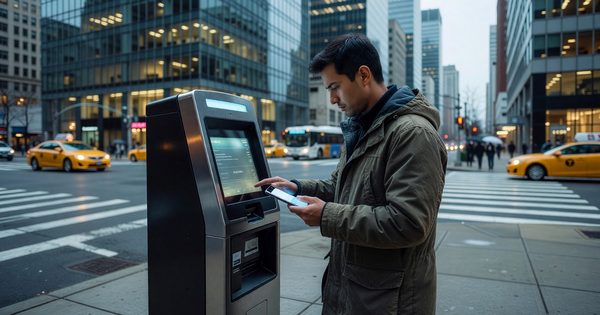 Person using smartphone mobile payment app at parking kiosk in urban setting