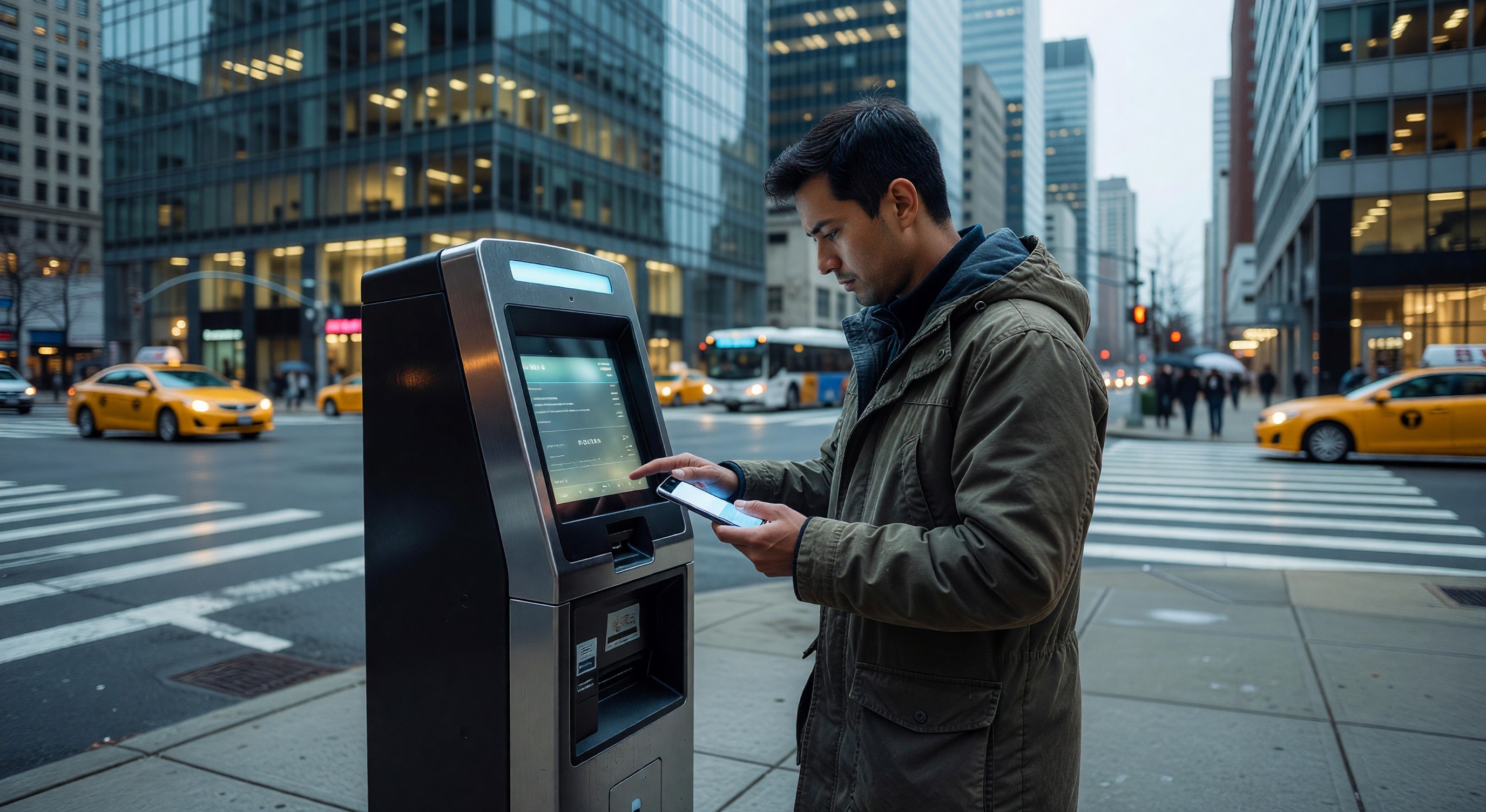 Person using smartphone mobile payment app at parking kiosk in urban setting