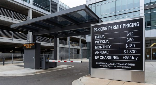 Parking permit pricing board at modern parking structure entrance