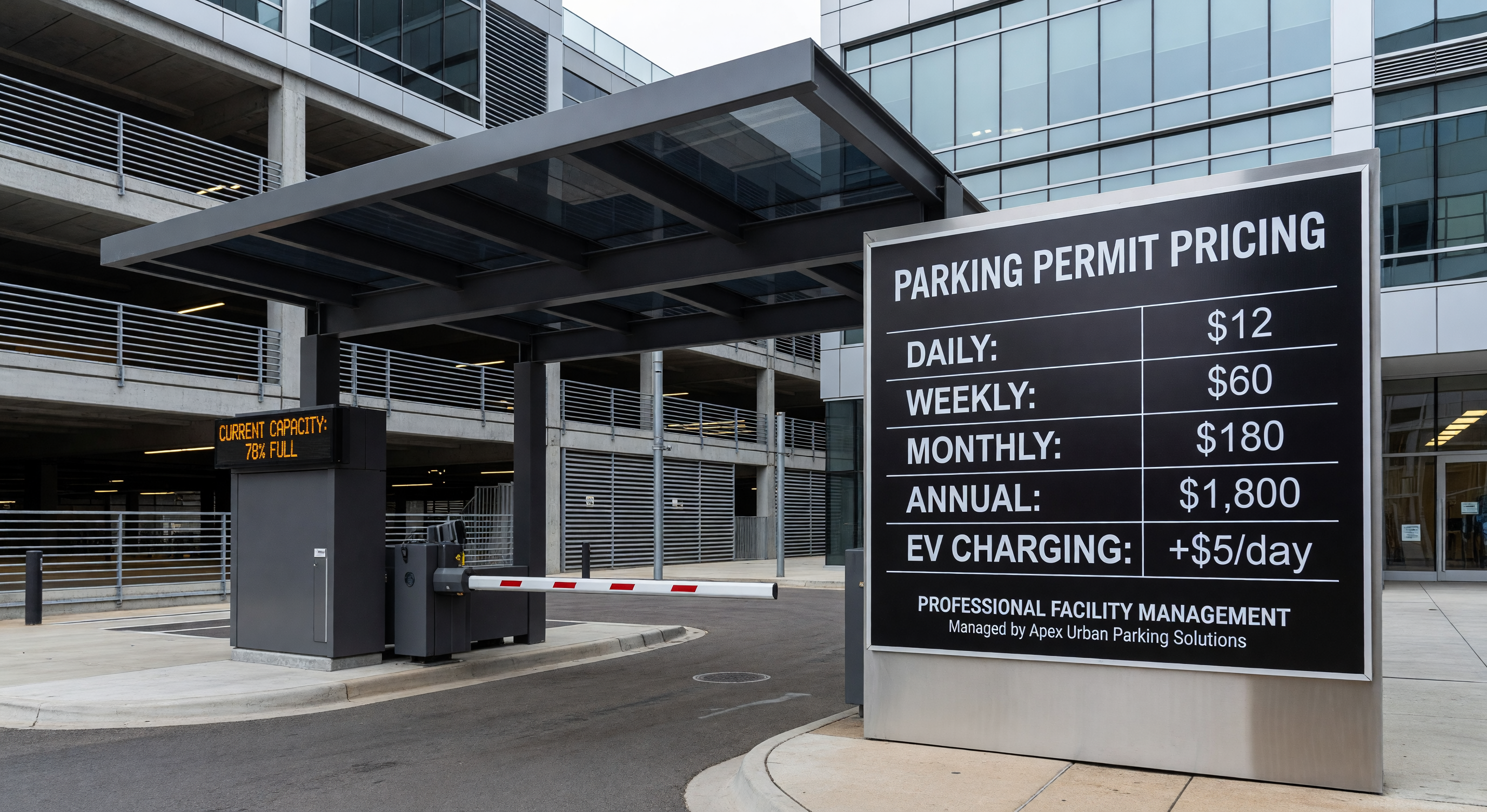 Parking permit pricing board at modern parking structure entrance