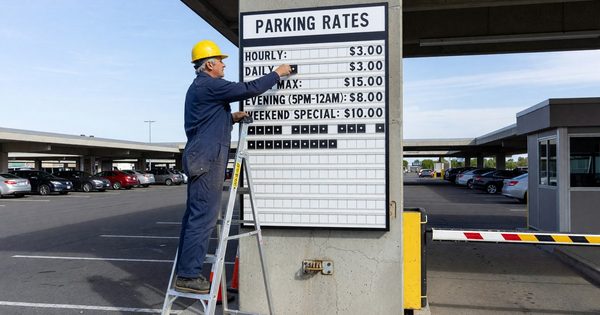 Parking rate board being updated by technician at parking facility entrance