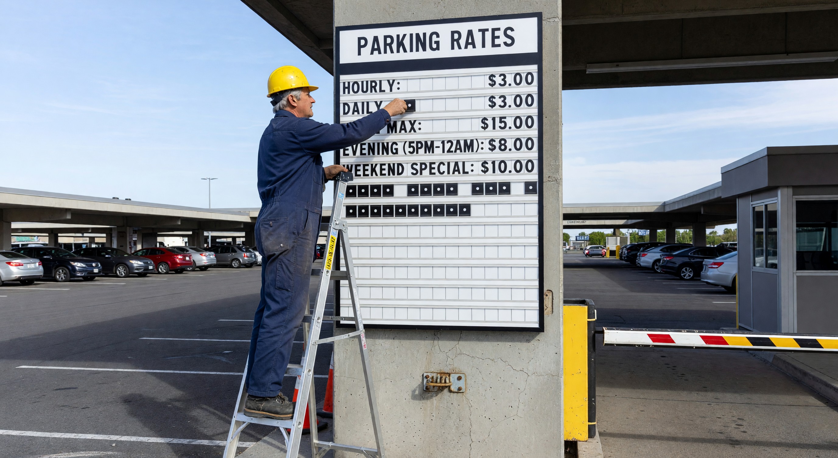 Parking rate board being updated by technician at parking facility entrance