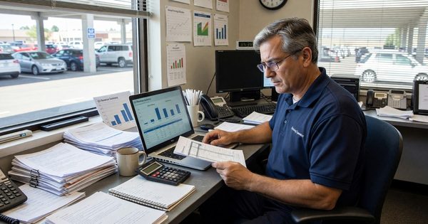 Parking operator reviewing revenue reports on a laptop at facility management office
