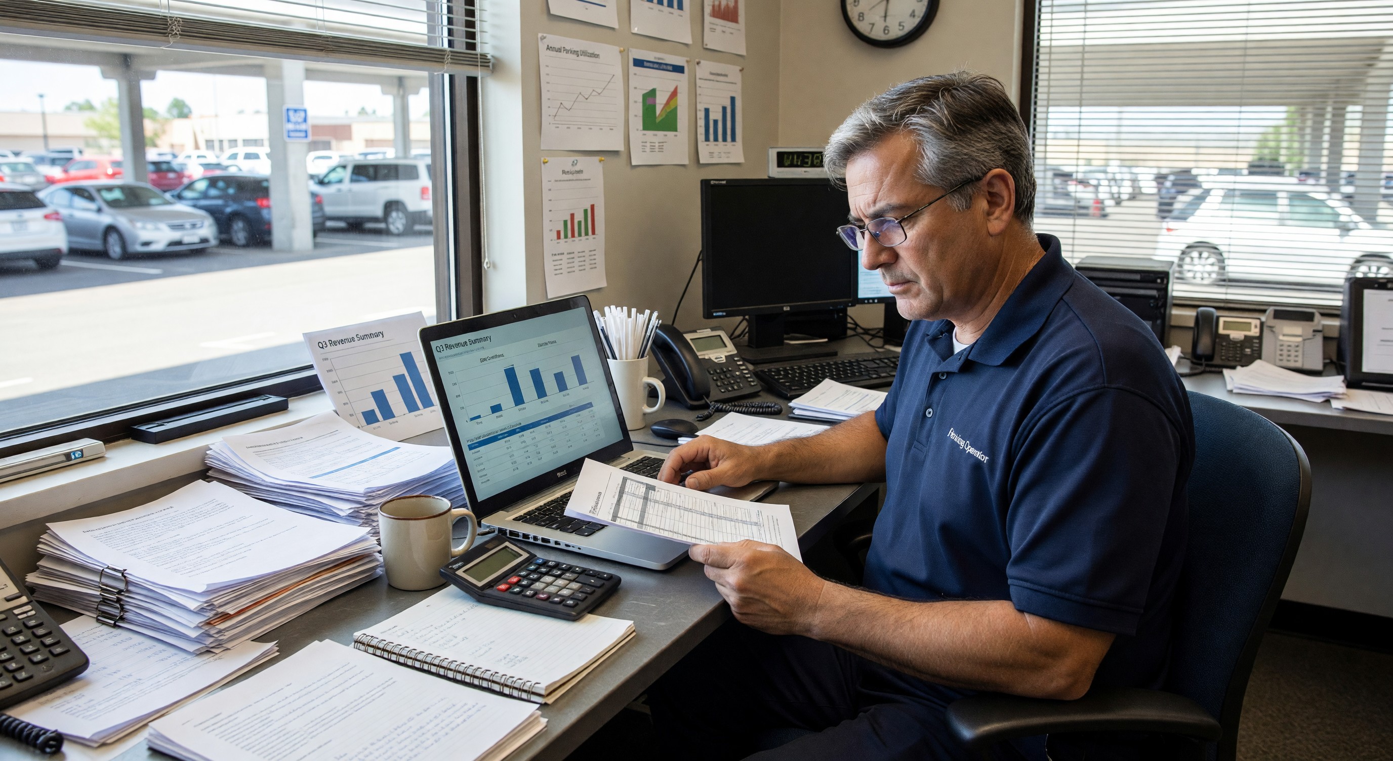 Parking operator reviewing revenue reports on a laptop at facility management office