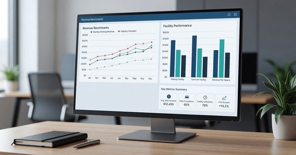 Parking analytics dashboard showing revenue benchmarks and facility performance charts