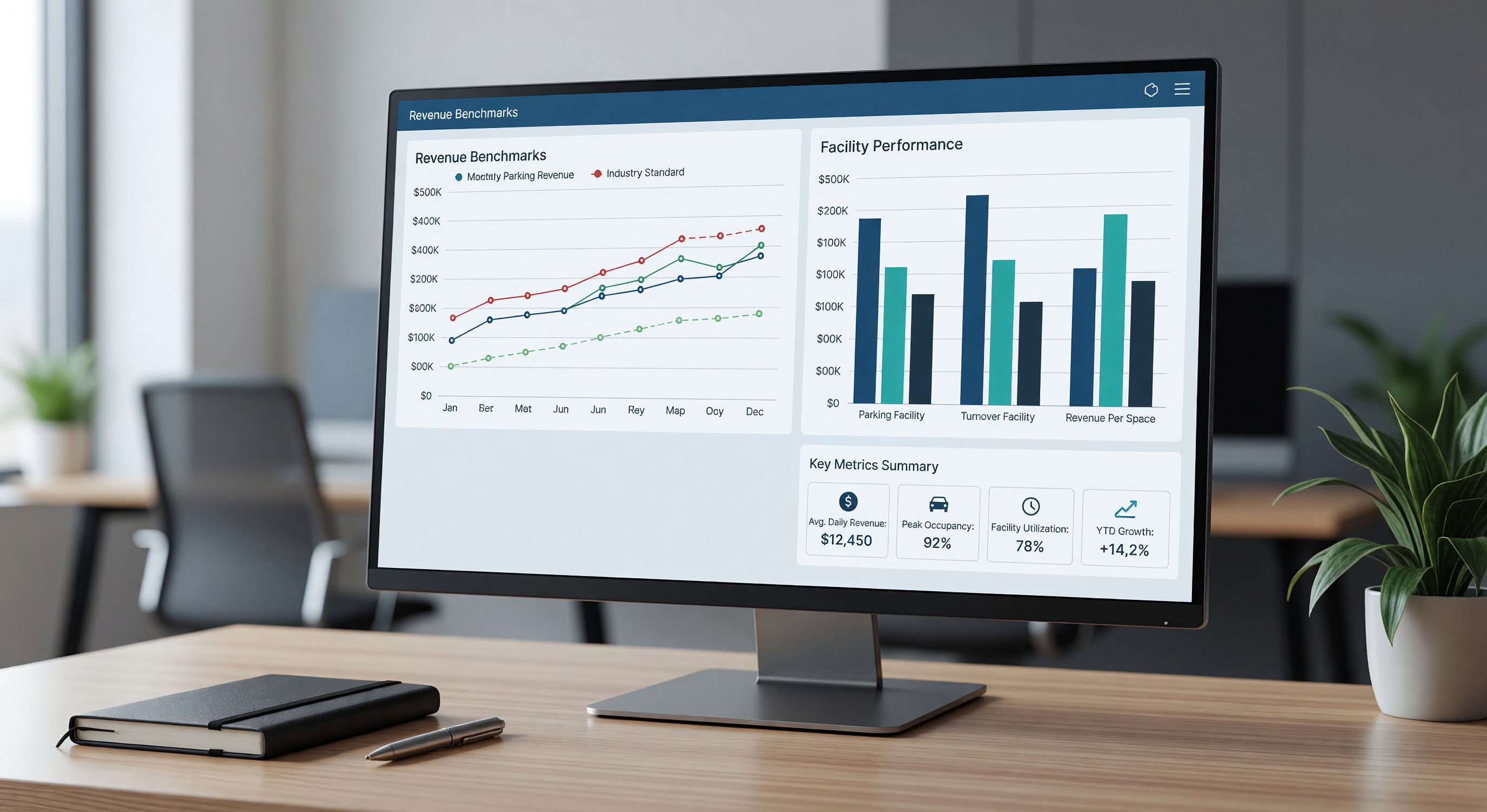 Parking analytics dashboard showing revenue benchmarks and facility performance charts