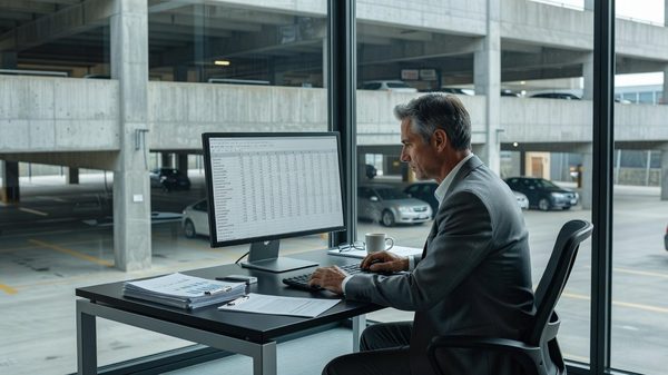 Finance professional reviewing spreadsheet data at a desk with parking facility visible through a window