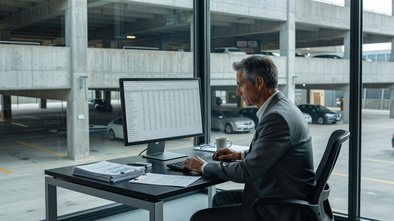 Finance professional reviewing spreadsheet data at a desk with parking facility visible through a window
