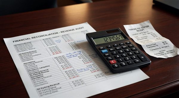 Financial reconciliation documents with parking pay station receipt