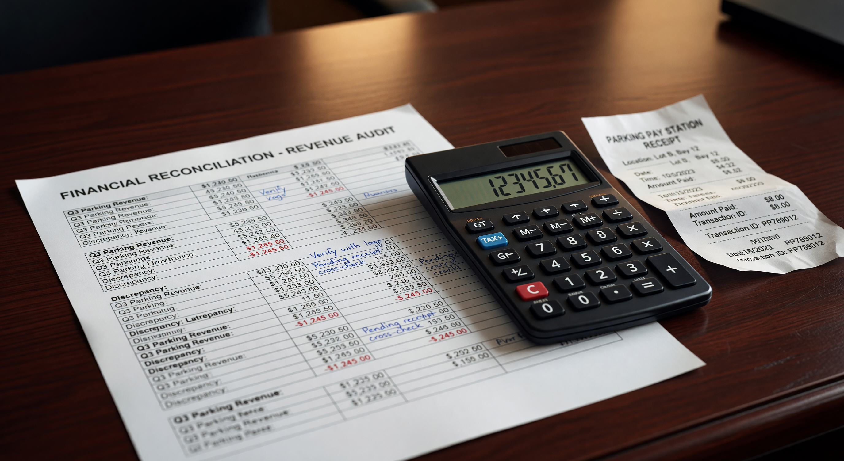 Financial reconciliation documents with parking pay station receipt