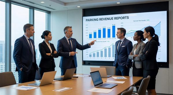 Parking management team reviewing revenue reports on screen