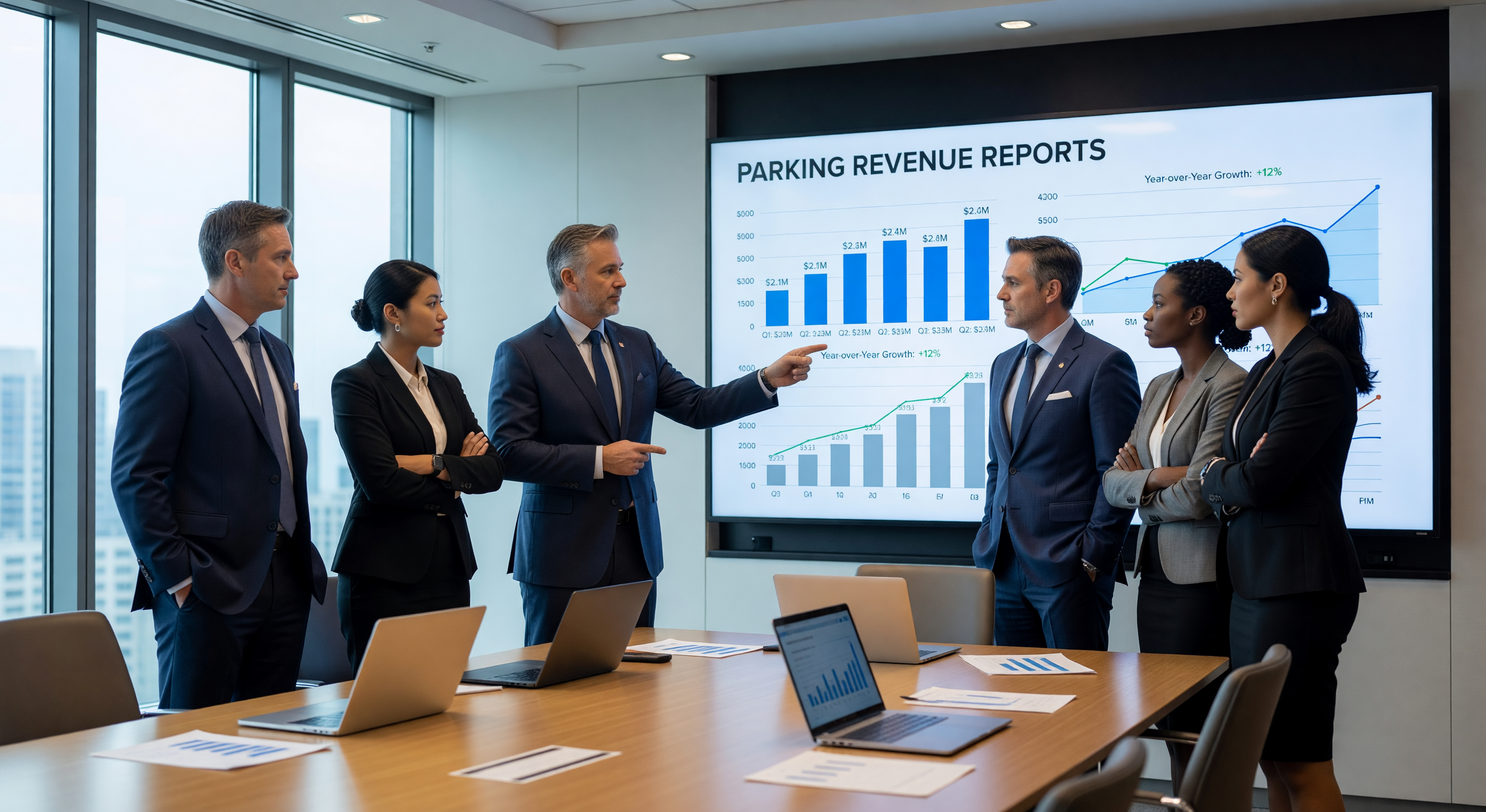 Parking management team reviewing revenue reports on screen
