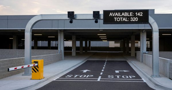 Parking technology installation with camera sensors and digital display at facility entrance