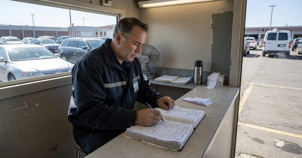 Parking attendant reviewing validation log book at booth with vehicles in background