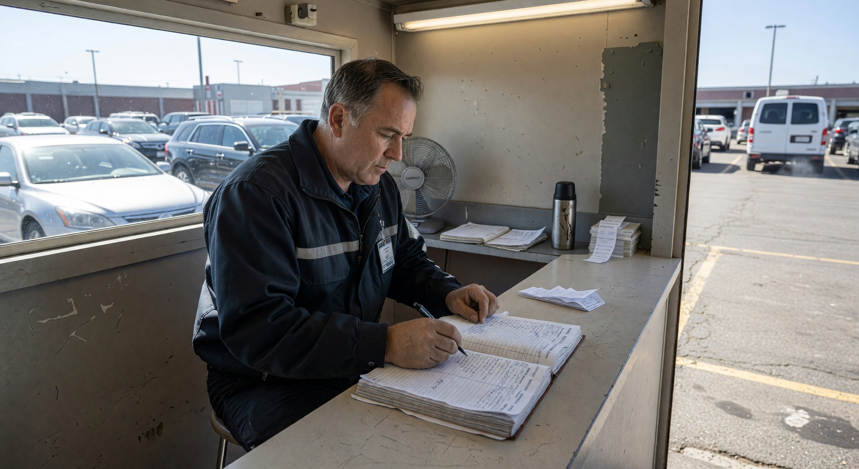 Parking attendant reviewing validation log book at booth with vehicles in background