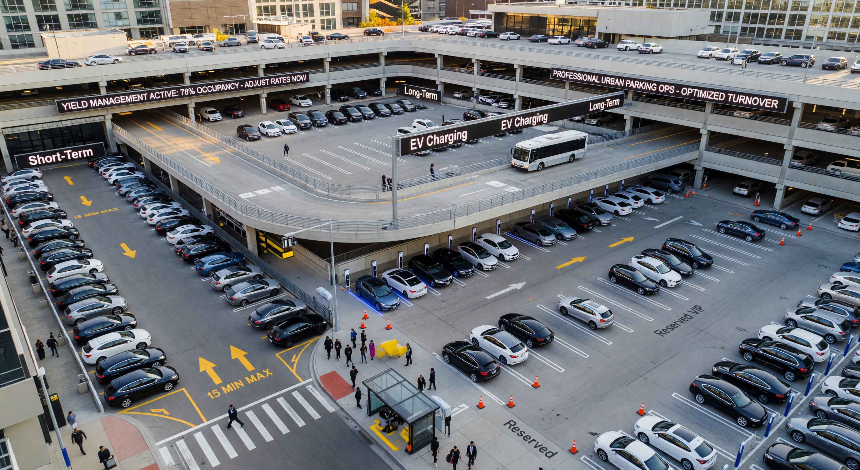 Aerial view of busy mixed-use parking facility with varied occupancy zones