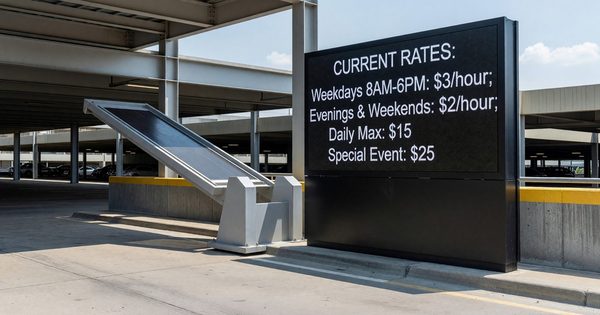 Parking facility entrance with updated rate signage on a sunny summer day
