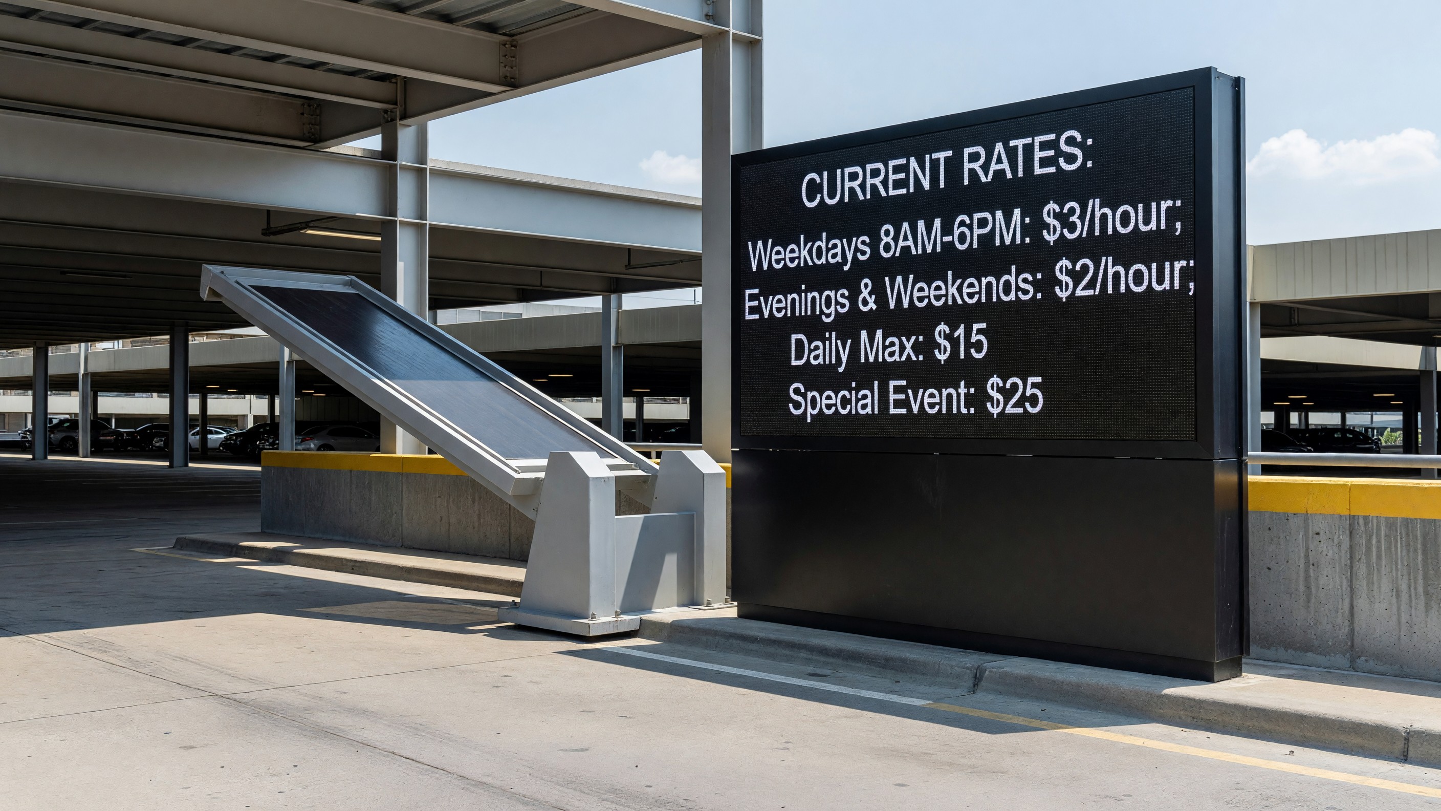 Parking facility entrance with updated rate signage on a sunny summer day